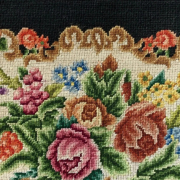 Vintage Floral Petit Point Rose Quartz Gold Filigree Embroidered Black Handbag - Picture 13 of 16